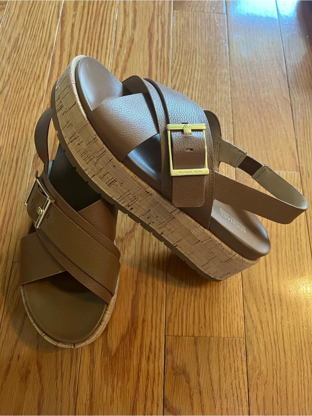 MICHAEL Michael Kors Chestnut Brown Leather Cross-Strap Wedge Sandals - SIZE 6.5